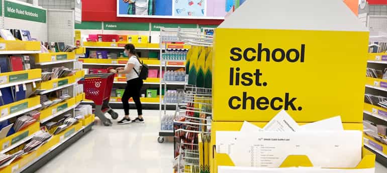 school supply aisle in a big box retail store